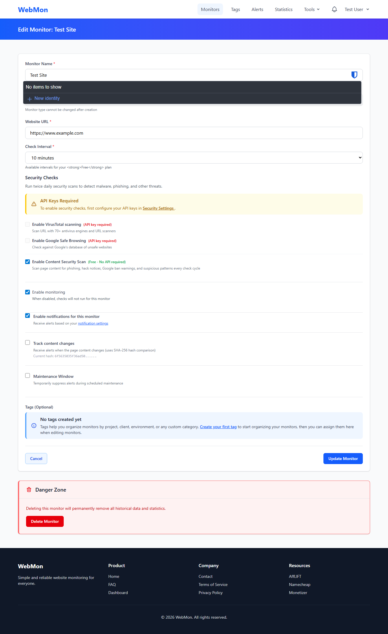 Monitor settings panel